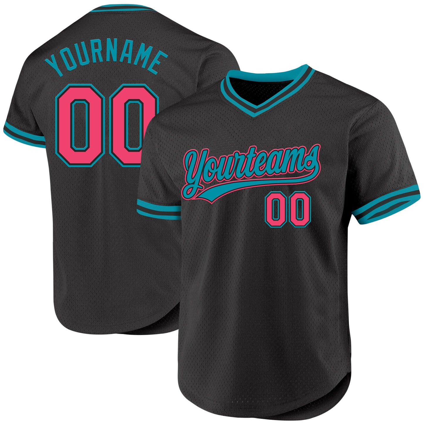 Custom Black Neon Pink-Teal Authentic Throwback Baseball Jersey - Main View