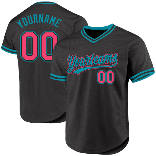 Custom Black Neon Pink-Teal Authentic Throwback Baseball Jersey - Main View
