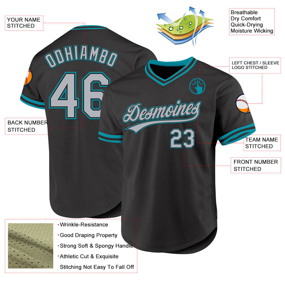 Custom Black Gray-Teal Authentic Throwback Baseball Jersey view 3
