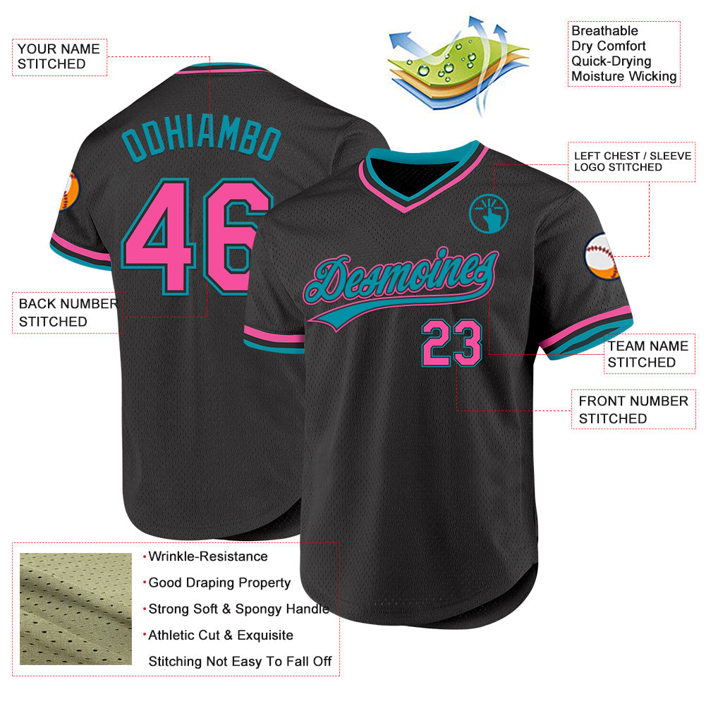 Custom Black Pink-Teal Authentic Throwback Baseball Jersey view 3