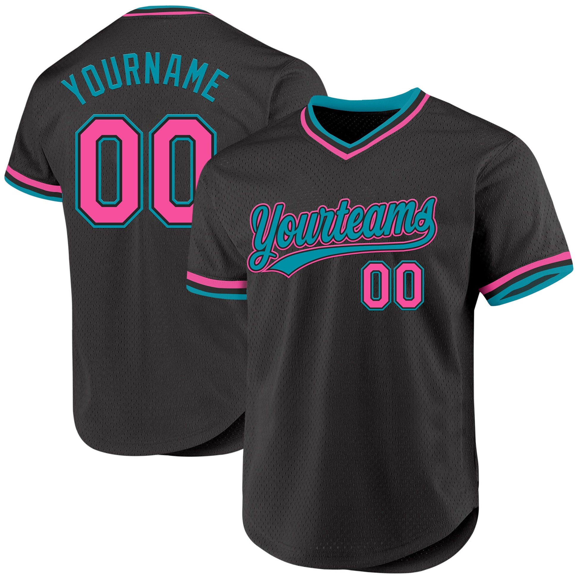Custom Black Pink-Teal Authentic Throwback Baseball Jersey - Main View