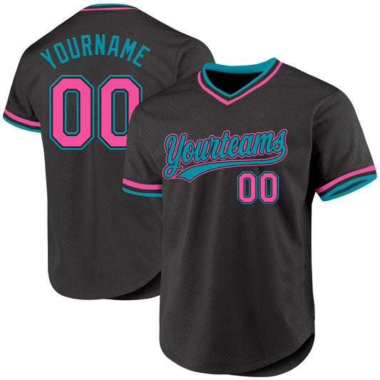 Custom Black Pink-Teal Authentic Throwback Baseball Jersey - Main View