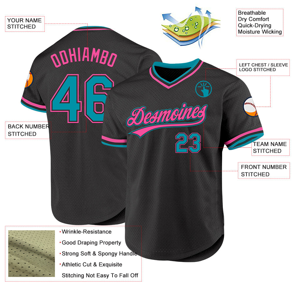 Custom Black Teal-Pink Authentic Throwback Baseball Jersey view 3
