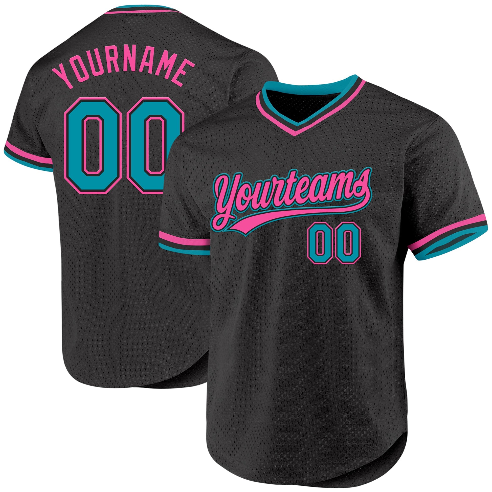 Custom Black Teal-Pink Authentic Throwback Baseball Jersey - Main View