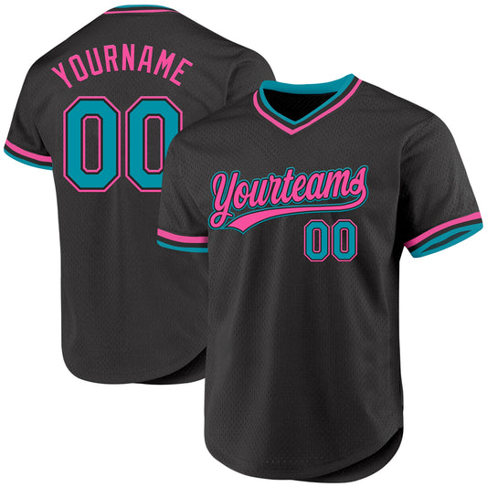 Custom Black Teal-Pink Authentic Throwback Baseball Jersey - Main View