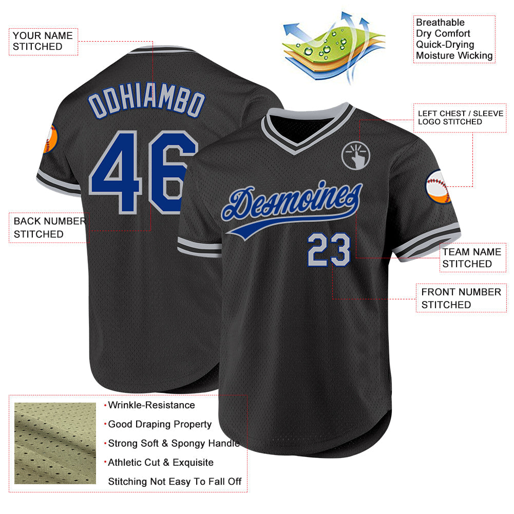 Custom Black Royal-Gray Authentic Throwback Baseball Jersey view 3