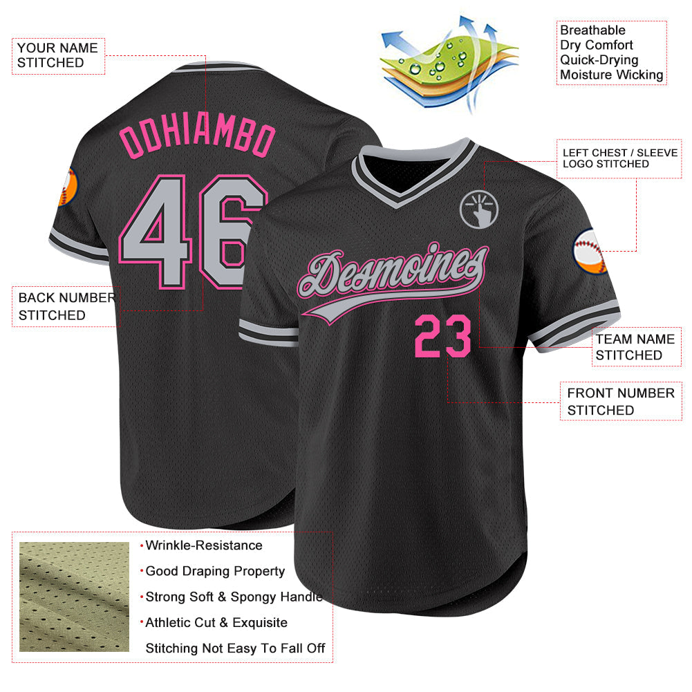 Custom Black Gray-Pink Authentic Throwback Baseball Jersey view 3