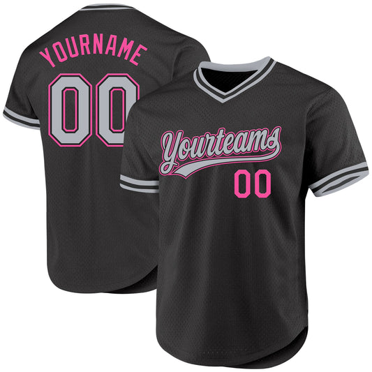 Custom Black Gray-Pink Authentic Throwback Baseball Jersey - Main View
