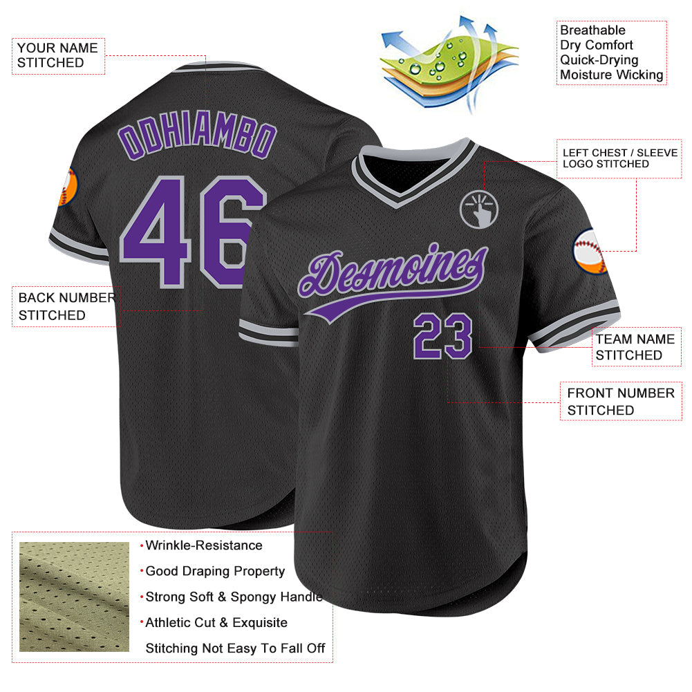 Custom Black Purple-Gray Authentic Throwback Baseball Jersey view 3