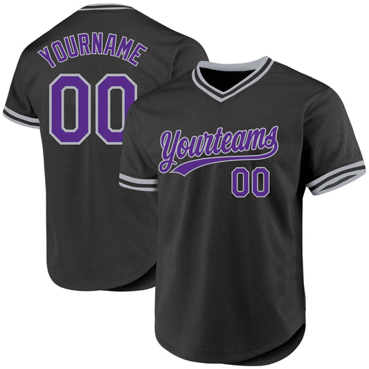 Custom Black Purple-Gray Authentic Throwback Baseball Jersey - Main View