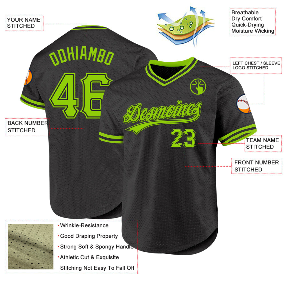 Custom Black Neon Green Authentic Throwback Baseball Jersey view 3