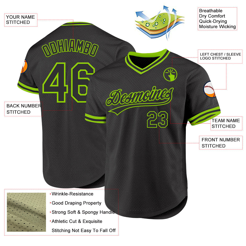 Custom Black Neon Green Authentic Throwback Baseball Jersey view 3