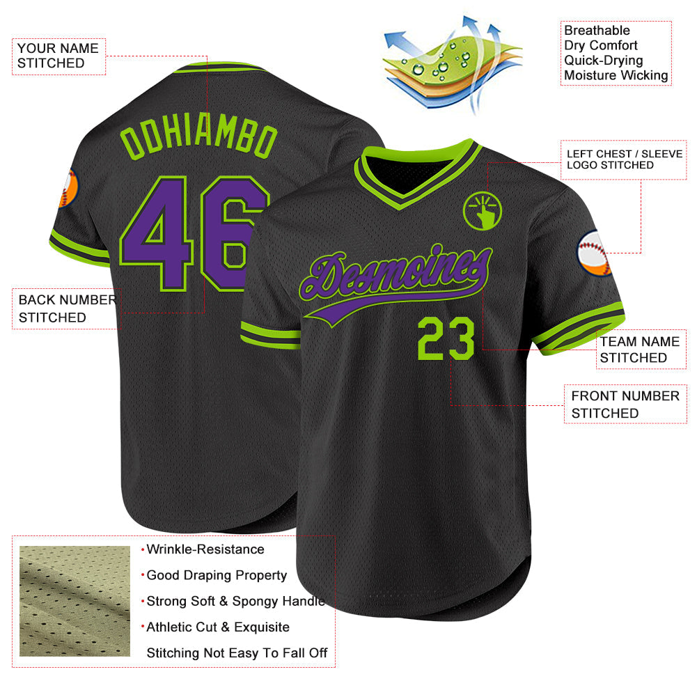 Custom Black Purple-Neon Green Authentic Throwback Baseball Jersey view 3