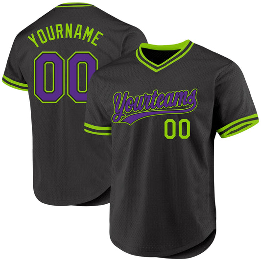 Custom Black Purple-Neon Green Authentic Throwback Baseball Jersey - Main View