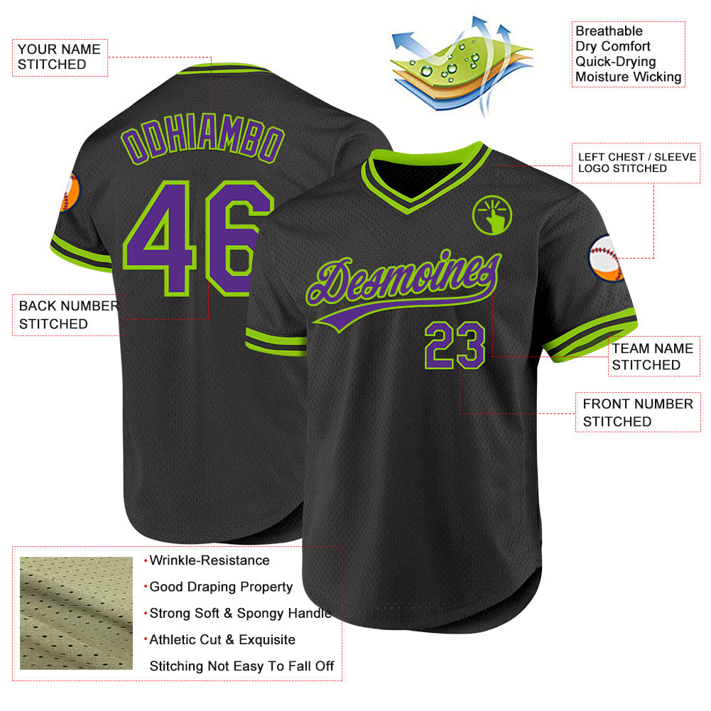 Custom Black Purple-Neon Green Authentic Throwback Baseball Jersey view 3