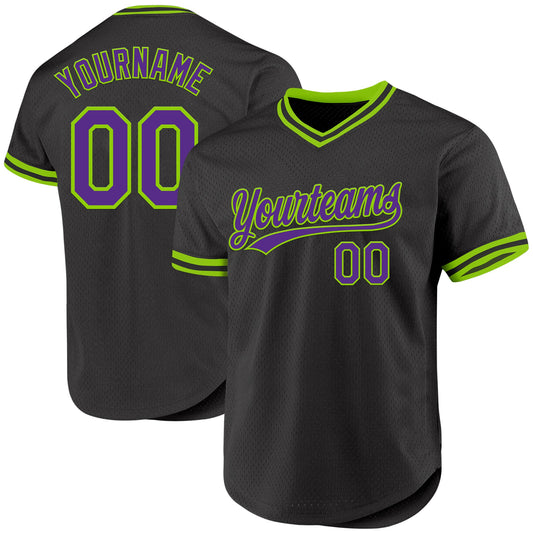 Custom Black Purple-Neon Green Authentic Throwback Baseball Jersey - Main View