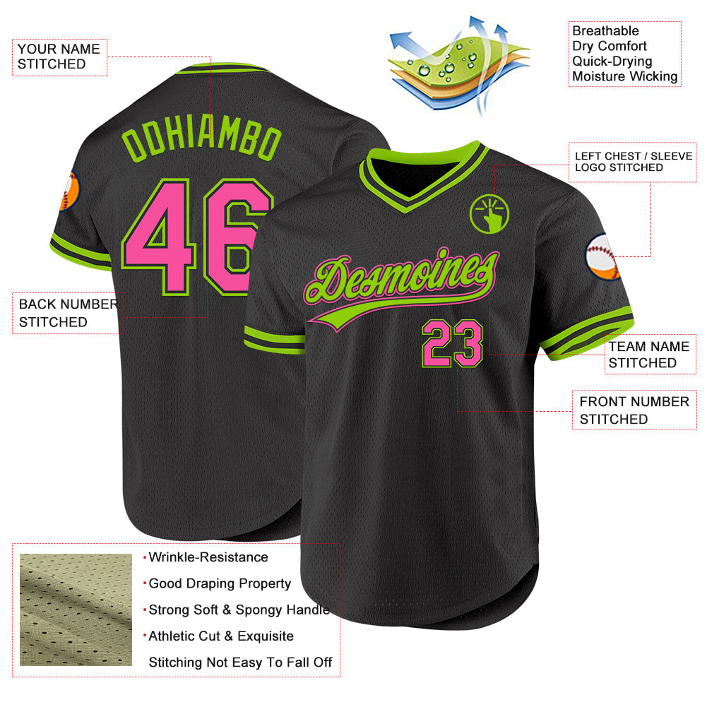 Custom Black Pink-Neon Green Authentic Throwback Baseball Jersey view 3