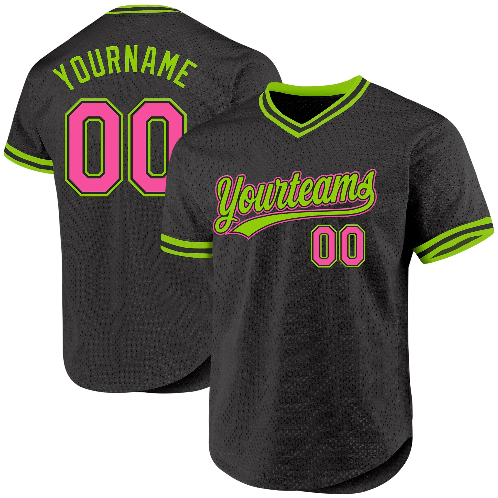Custom Black Pink-Neon Green Authentic Throwback Baseball Jersey - Main View