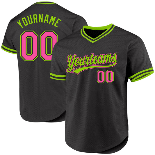 Custom Black Pink-Neon Green Authentic Throwback Baseball Jersey - Main View