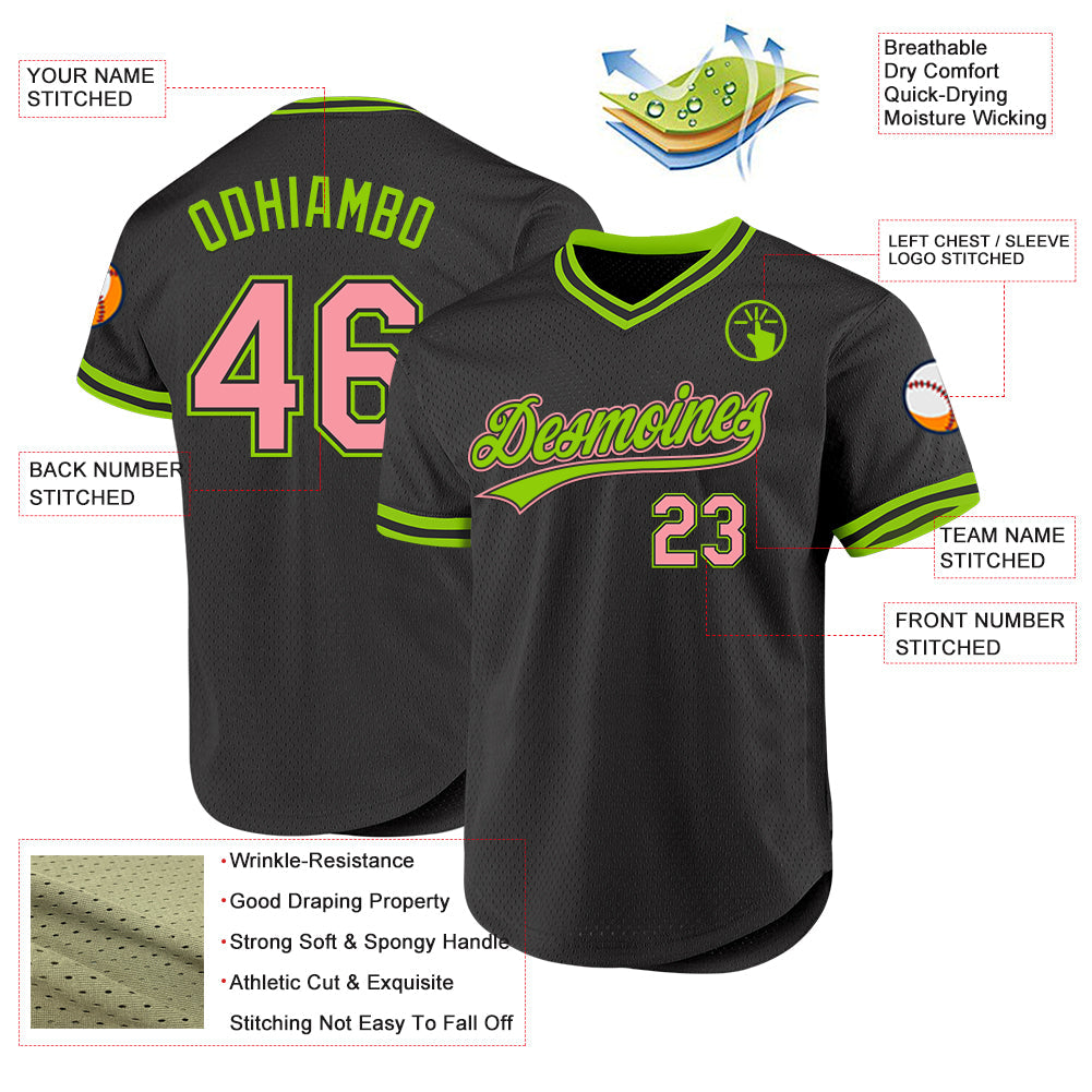 Custom Black Medium Pink-Neon Green Authentic Throwback Baseball Jersey view 3