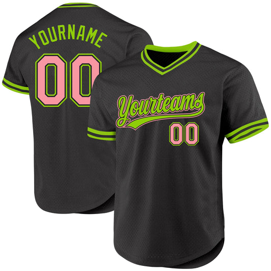 Custom Black Medium Pink-Neon Green Authentic Throwback Baseball Jersey - Main View