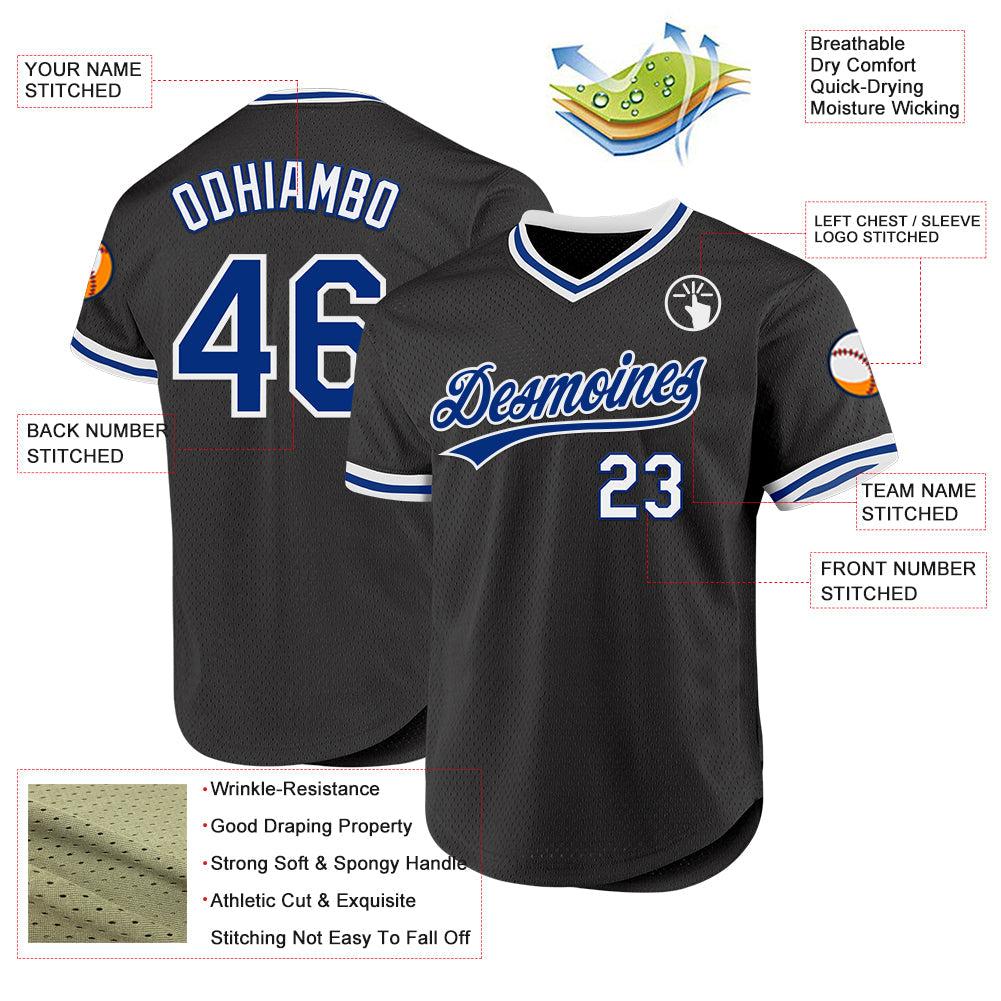 Custom Black Royal-White Authentic Throwback Baseball Jersey view 3