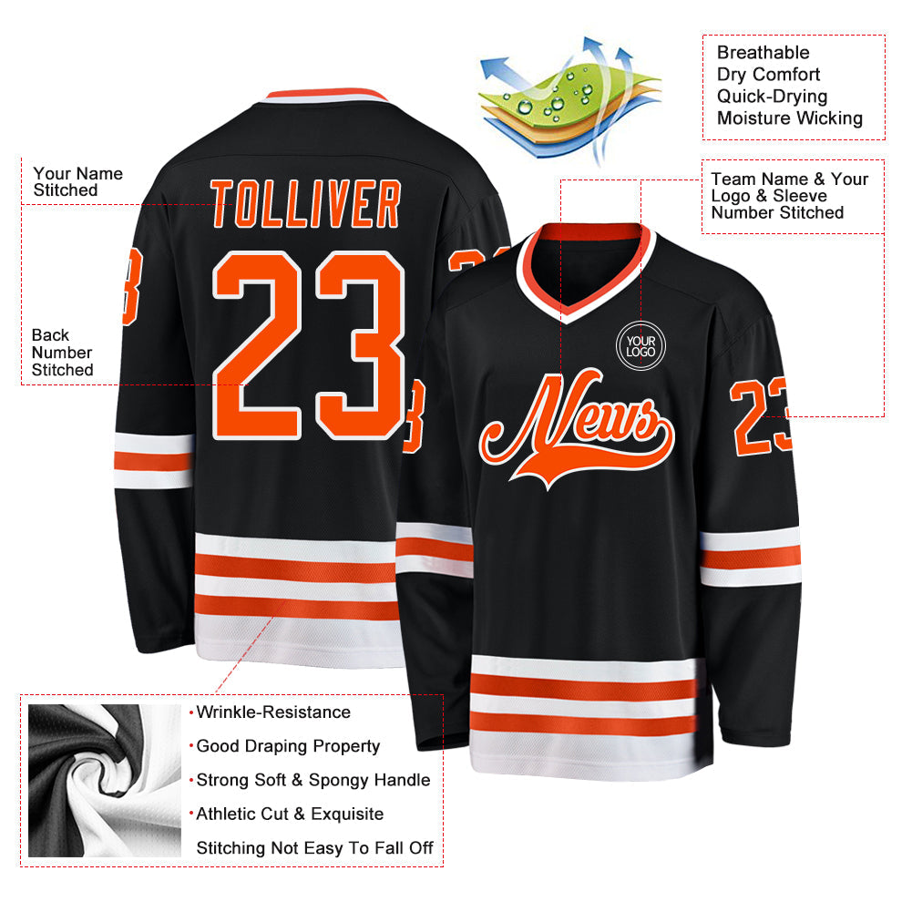 Custom Black Orange-White Hockey Jersey view 3