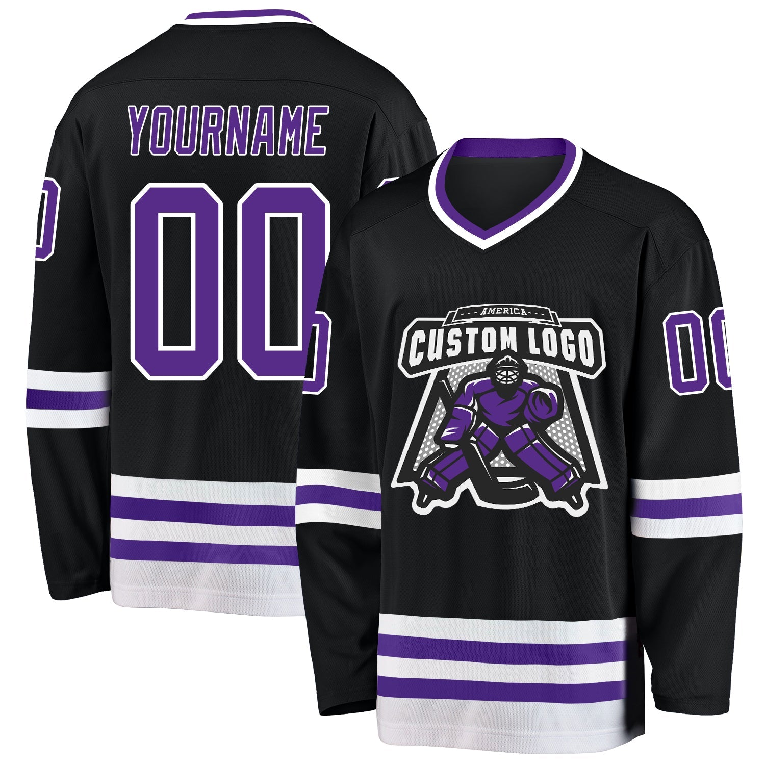 Custom Black Purple-White Hockey Jersey view 2