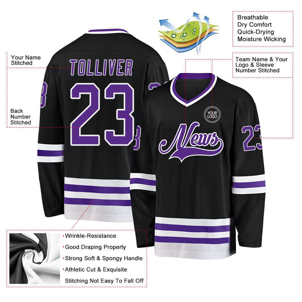Custom Black Purple-White Hockey Jersey view 3