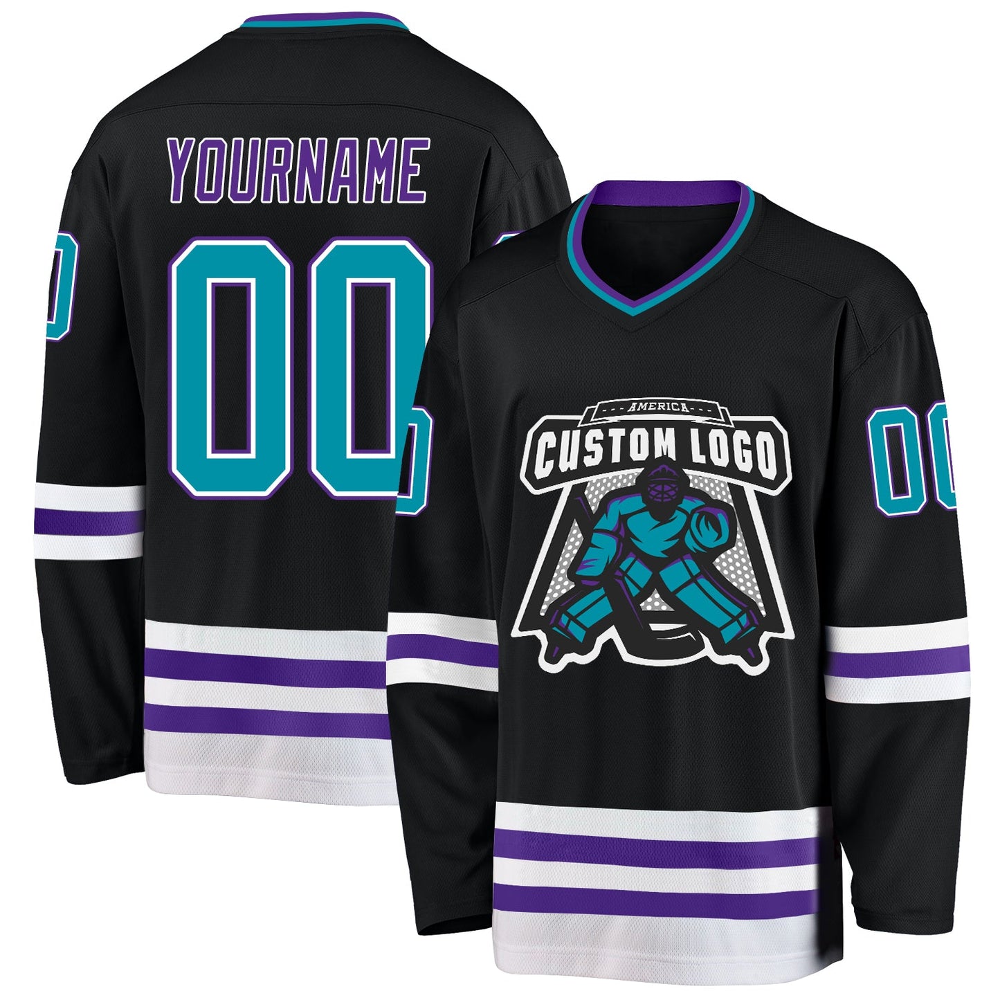 Custom Black Teal-Purple Hockey Jersey view 2