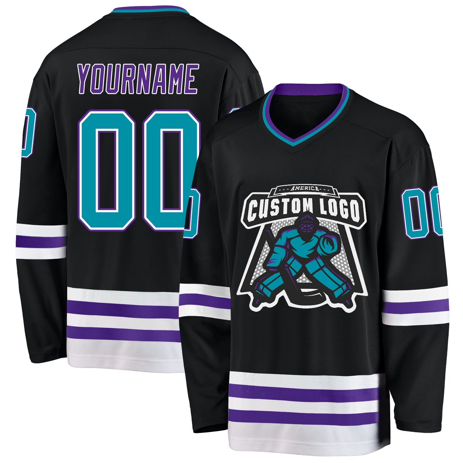 Custom Black Teal-Purple Hockey Jersey view 2