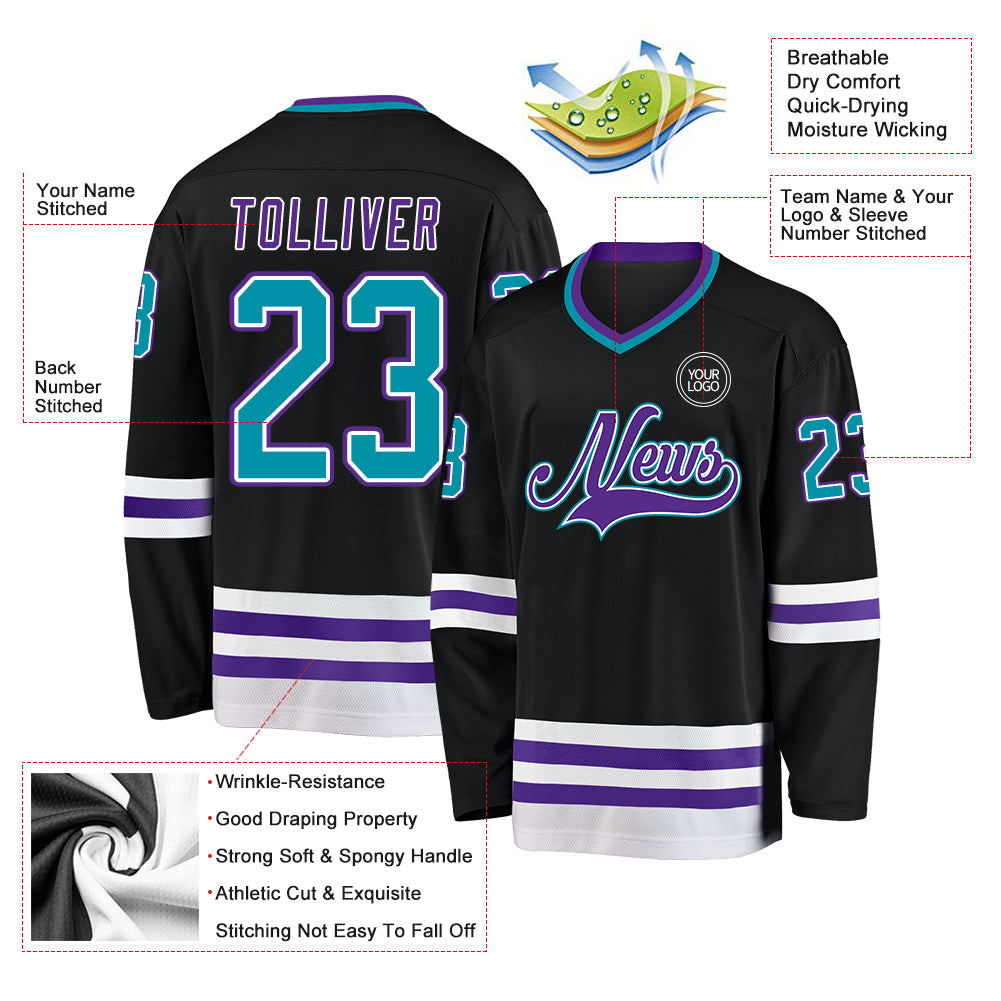 Custom Black Teal-Purple Hockey Jersey view 3
