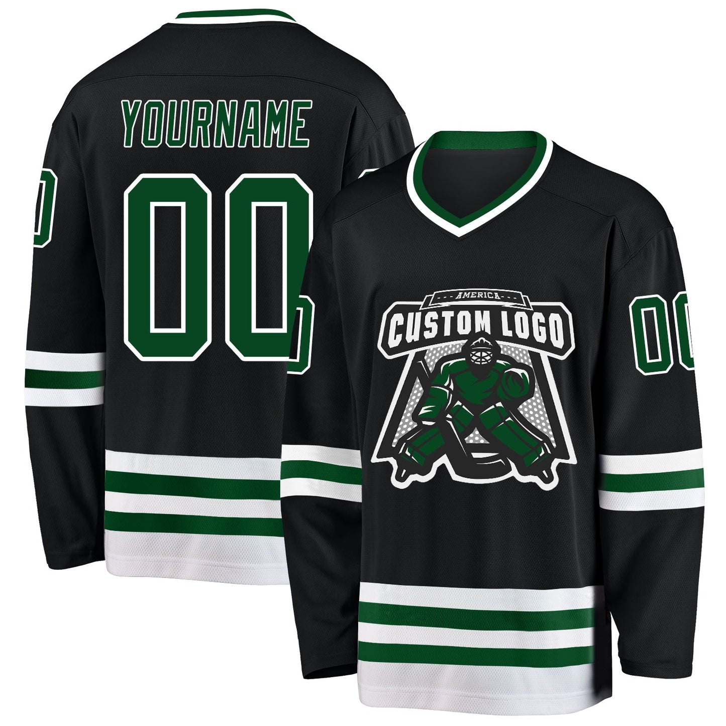 Custom Black Green-White Hockey Jersey view 2