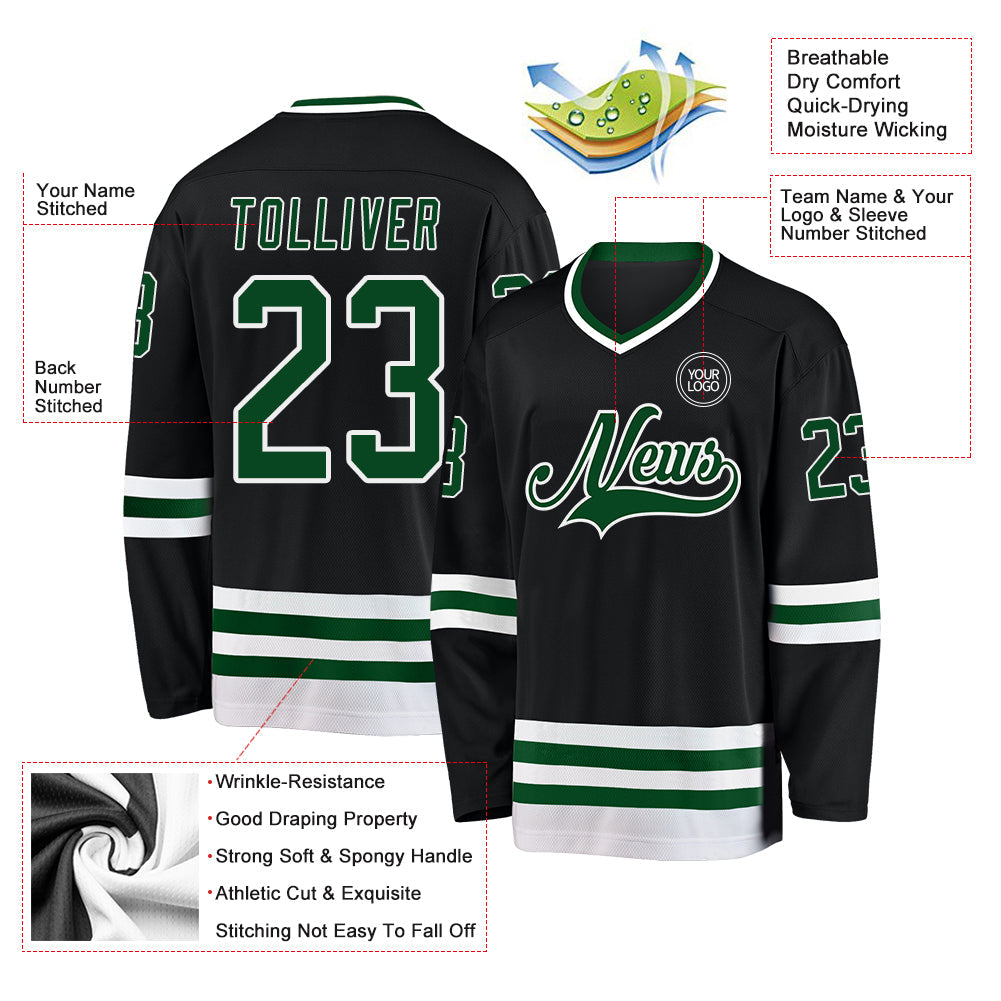 Custom Black Green-White Hockey Jersey view 3