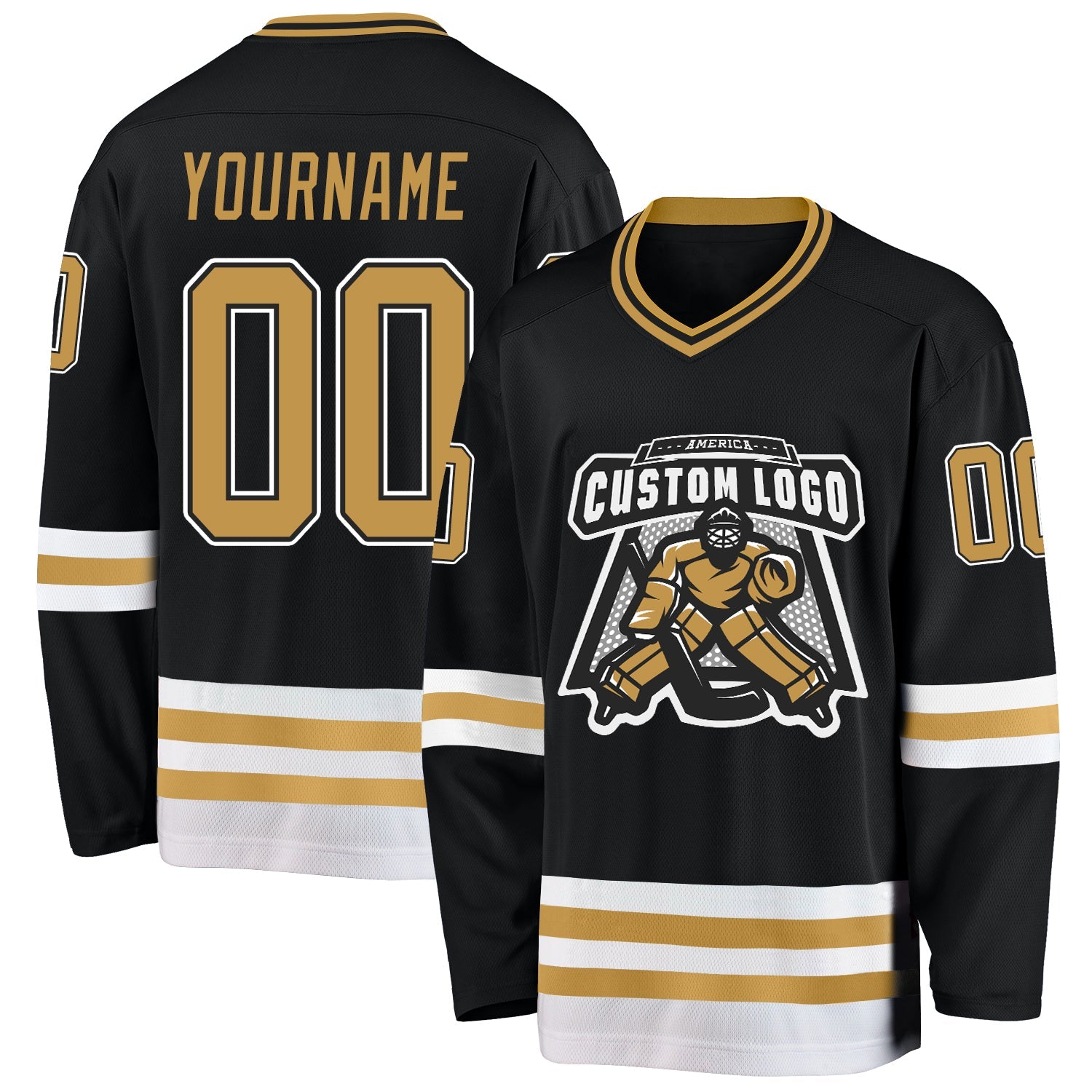 Custom Black Old Gold-White Hockey Jersey view 2