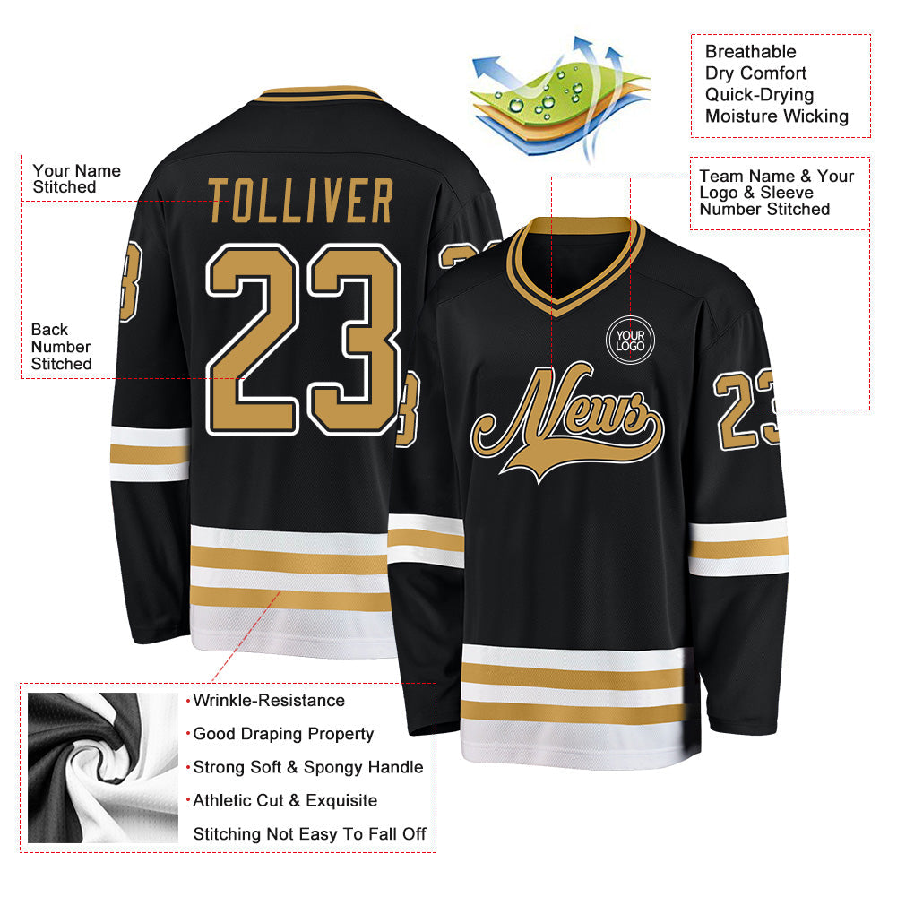 Custom Black Old Gold-White Hockey Jersey view 3