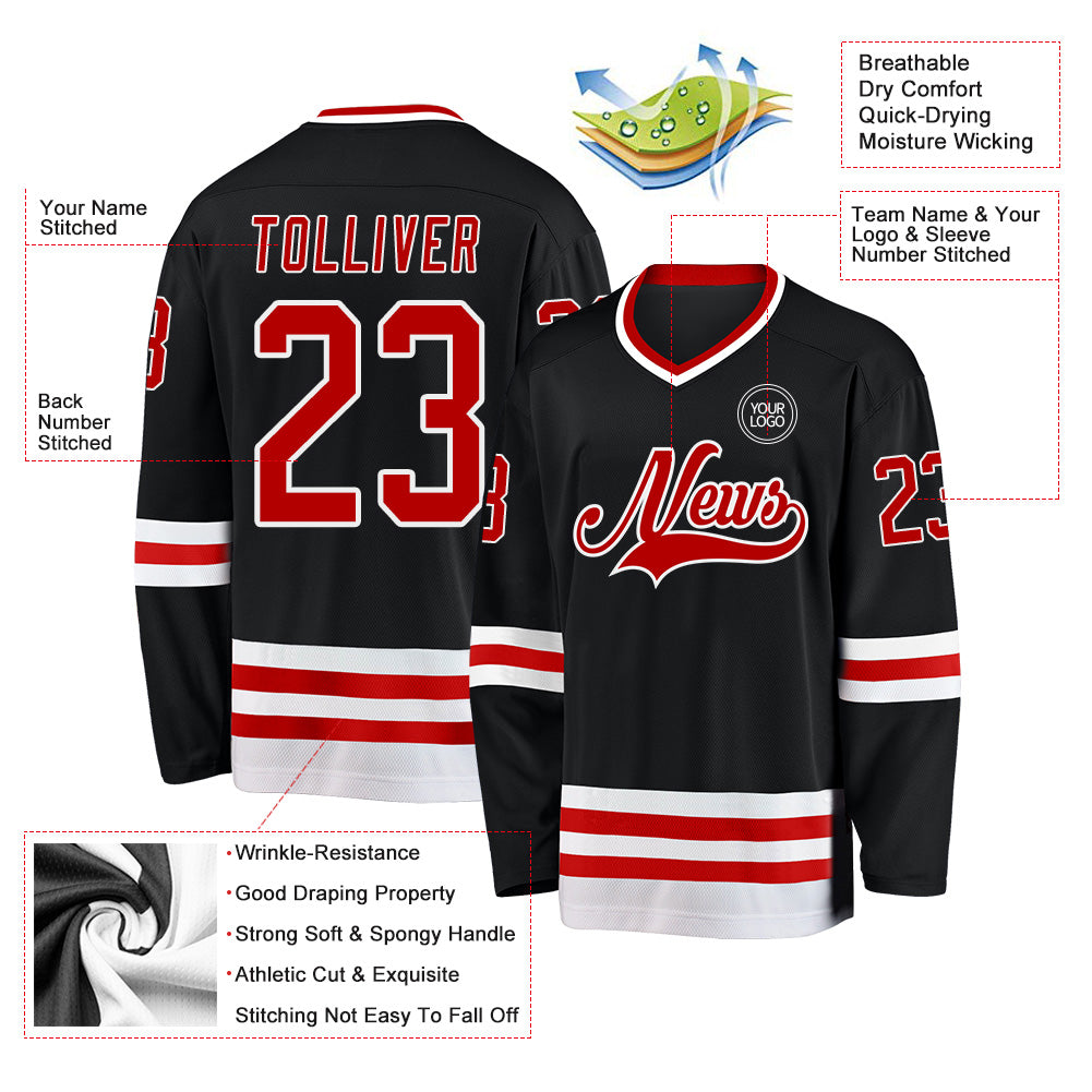 Custom Black Red-White Hockey Jersey view 3