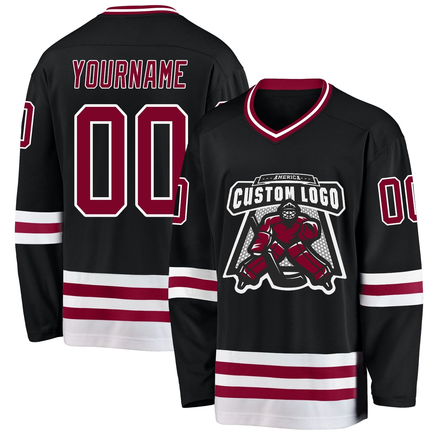 Custom Black Maroon-White Hockey Jersey view 2