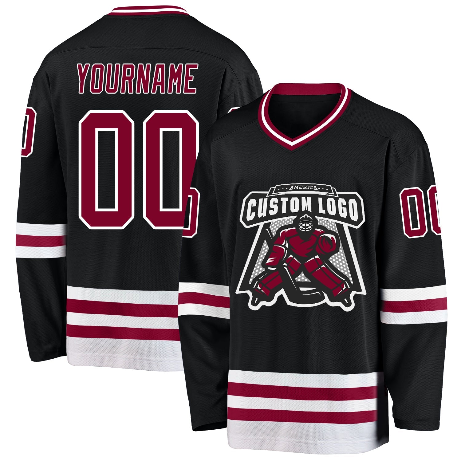 Custom Black Maroon-White Hockey Jersey view 2