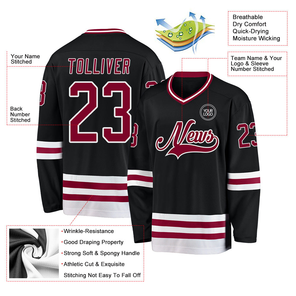 Custom Black Maroon-White Hockey Jersey view 3