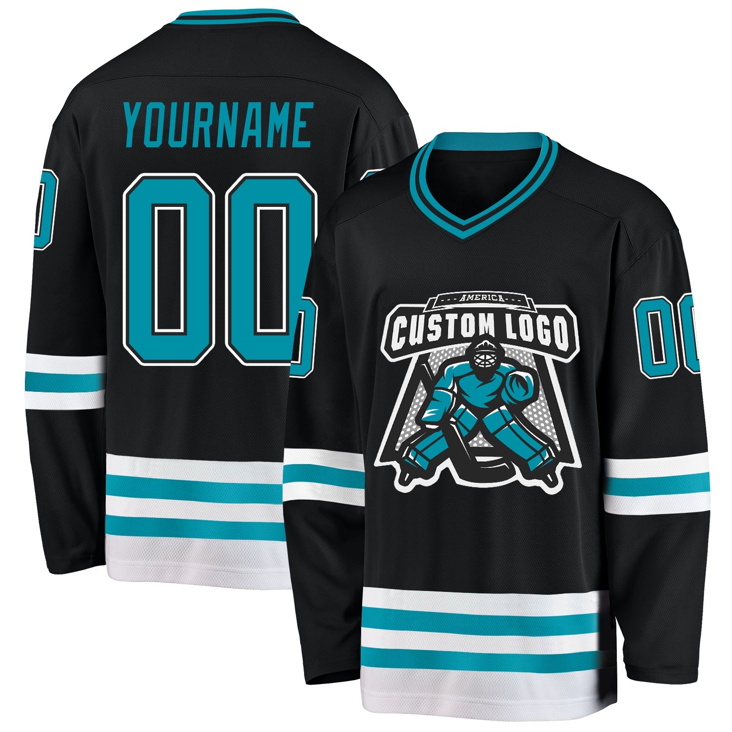 Custom Black Teal-White Hockey Jersey view 2