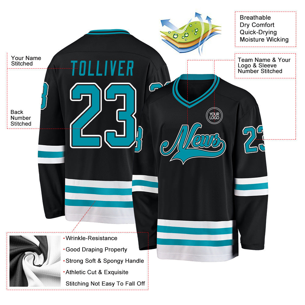 Custom Black Teal-White Hockey Jersey view 3