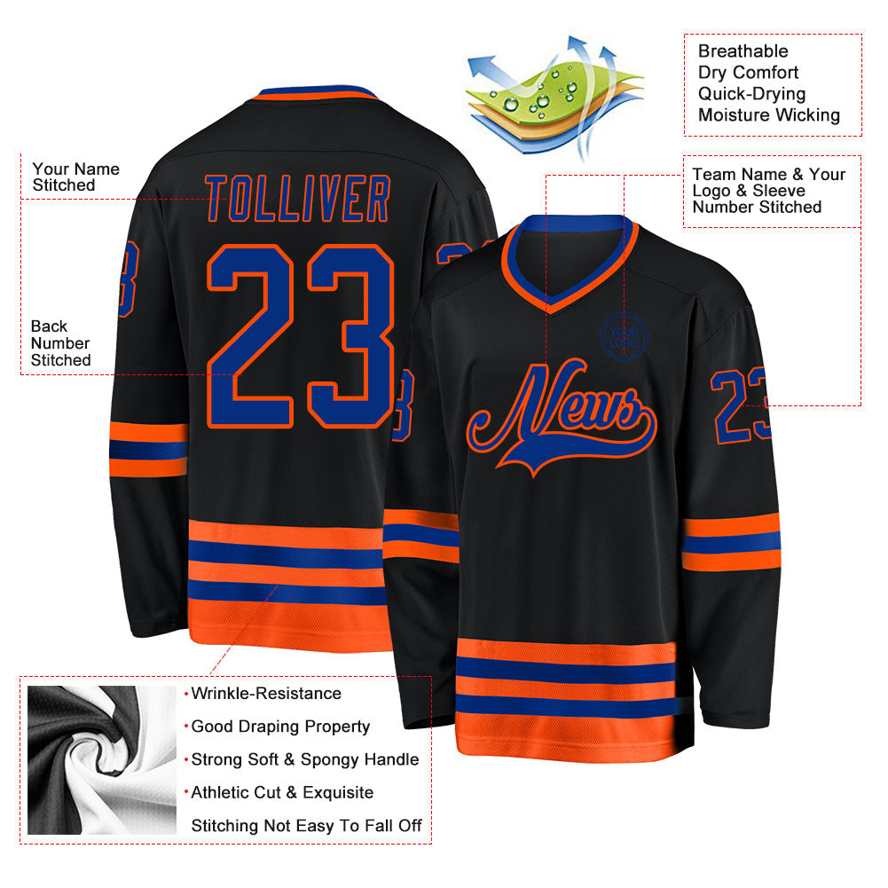 Custom Black Royal-Orange Hockey Jersey view 3