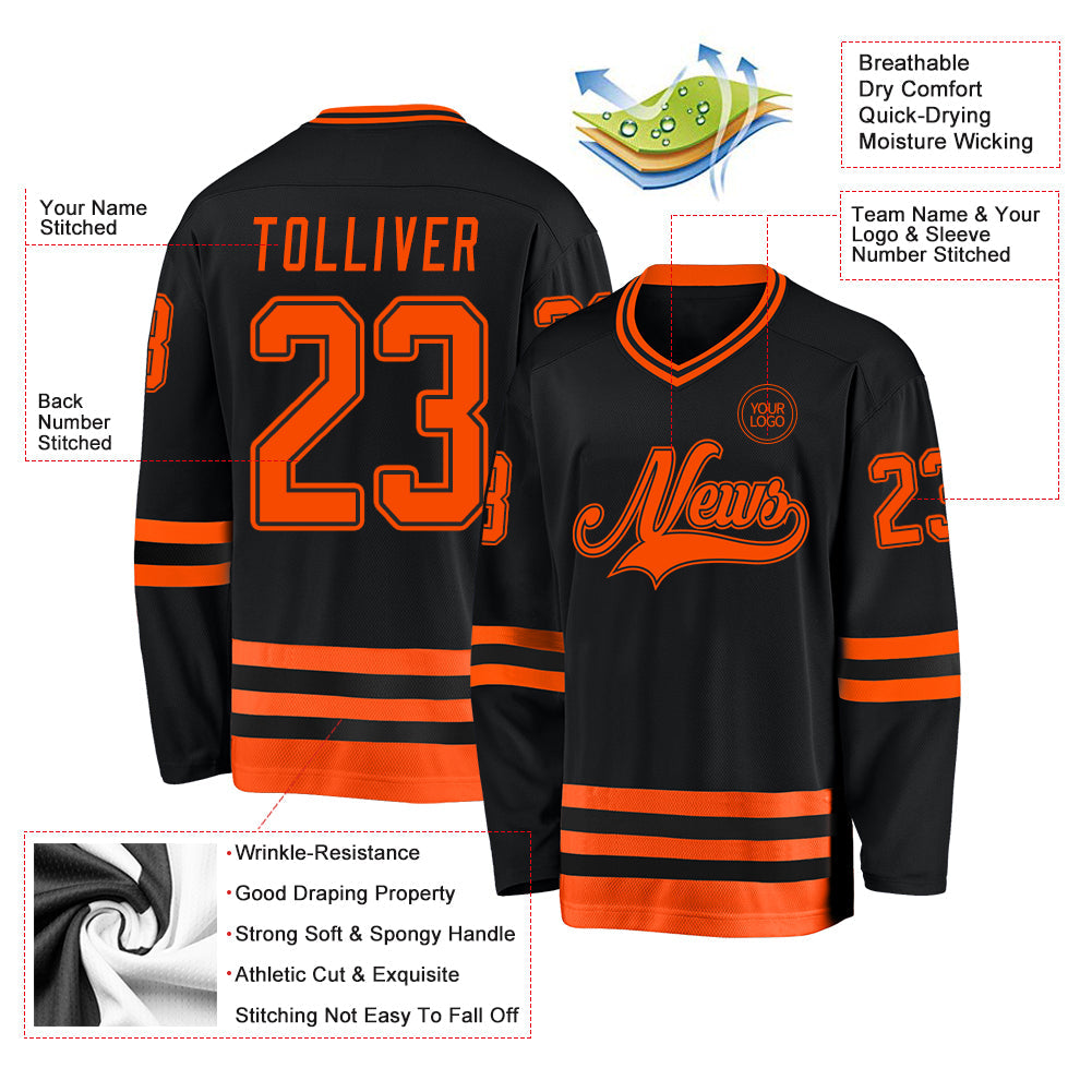 Custom Black Orange Hockey Jersey view 3