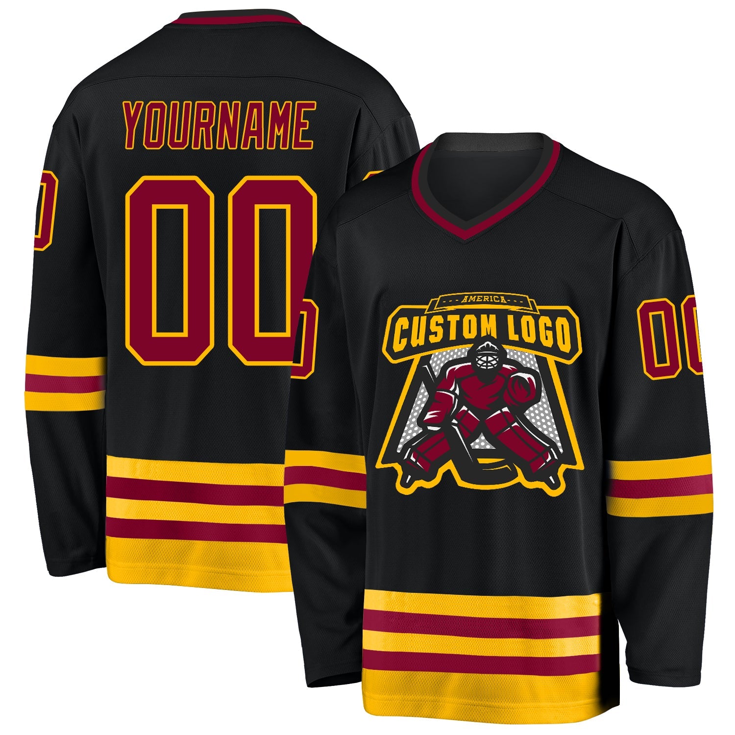 Custom Black Maroon-Gold Hockey Jersey view 2