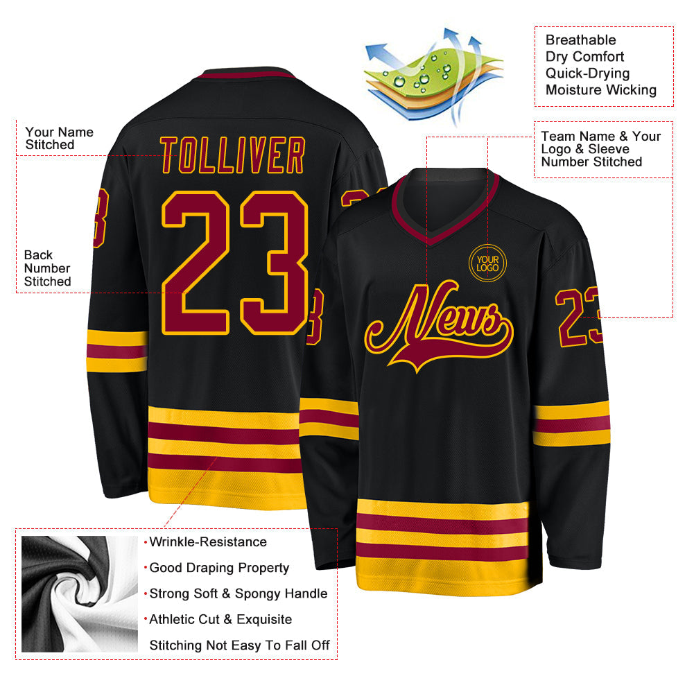 Custom Black Maroon-Gold Hockey Jersey view 3