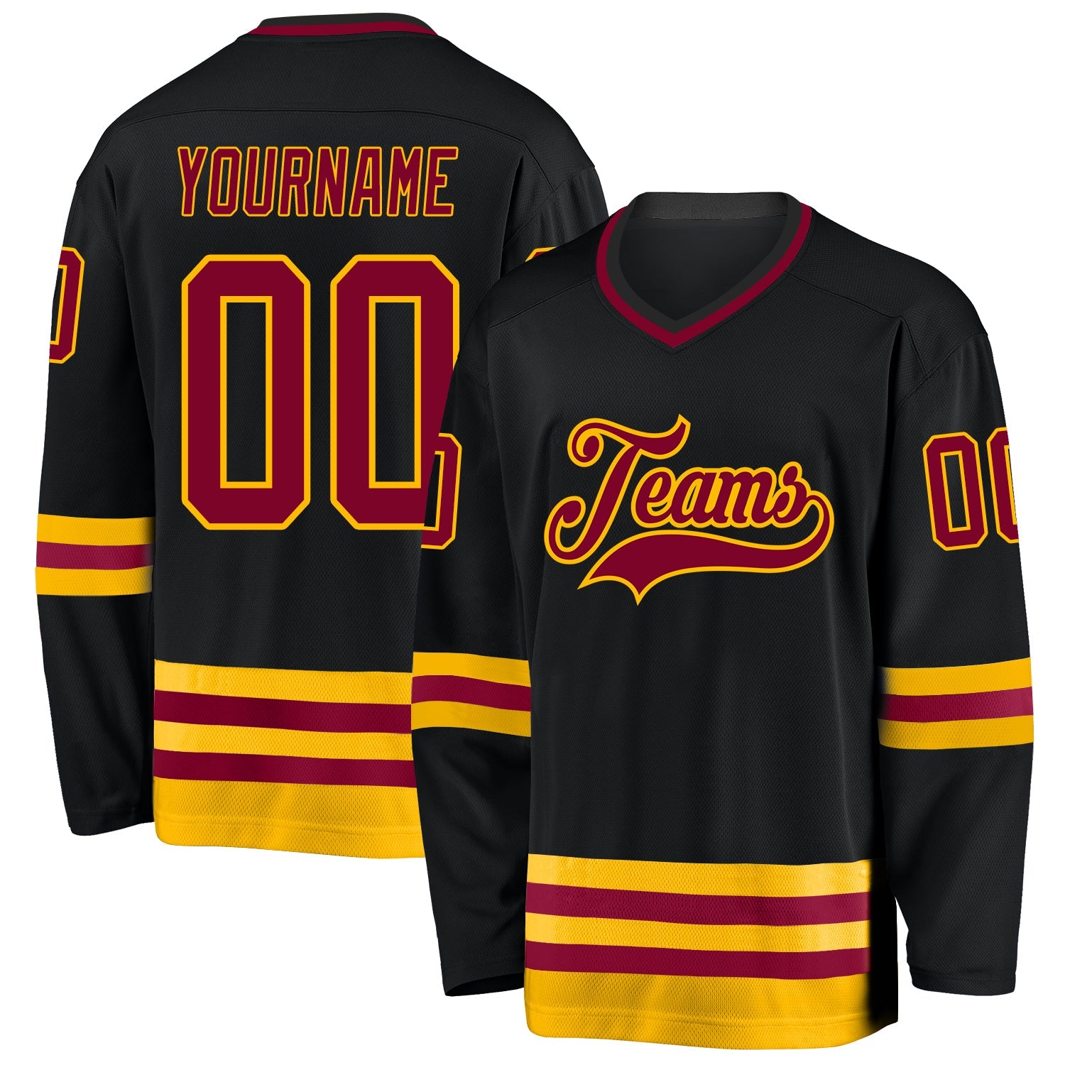 Custom Black Maroon-Gold Hockey Jersey - Main View