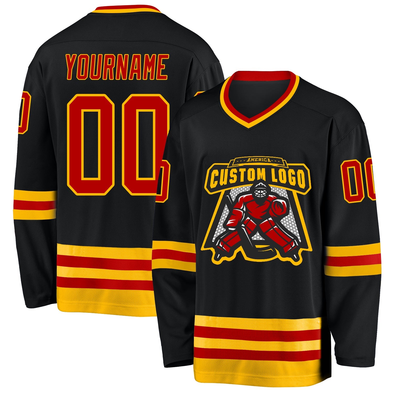 Custom Black Red-Gold Hockey Jersey view 2