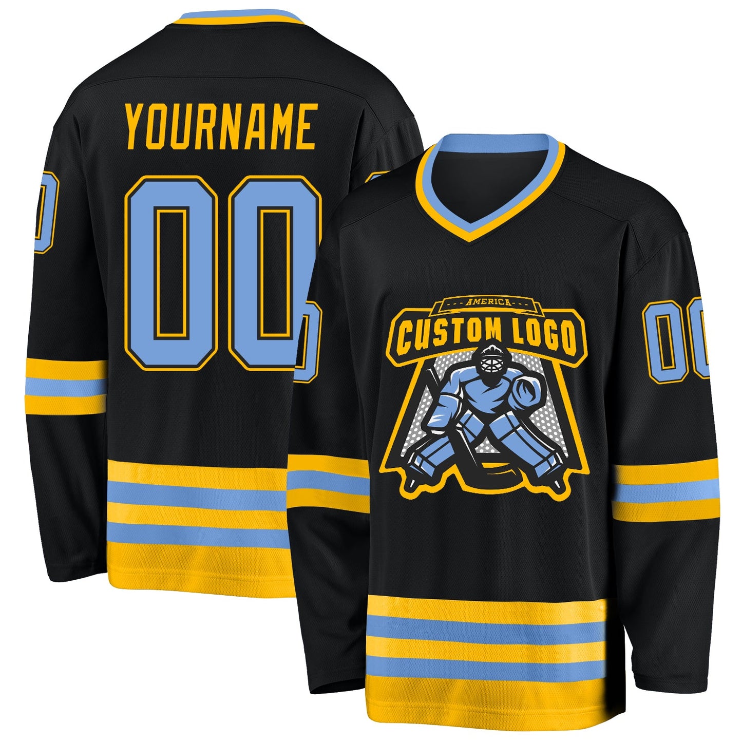 Custom Black Light Blue-Gold Hockey Jersey view 2