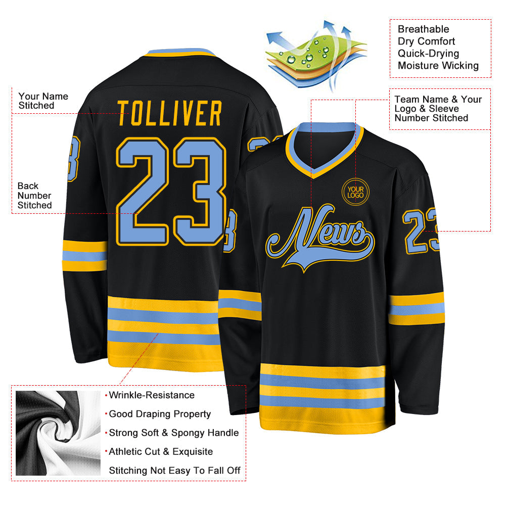 Custom Black Light Blue-Gold Hockey Jersey view 3